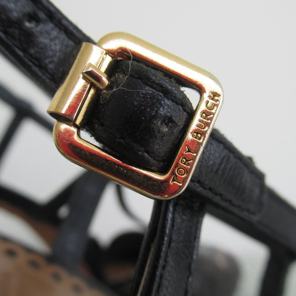 TORY BURCH, ALEXA Genuine Leather Peep Toe High Heel Sandal Black & Tan Sz. 6.5 - Picture 5 of 13